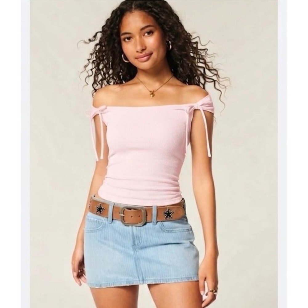 Hollister Off The Shoulder Top Women XS Pink Tie Shoulder Ribbed Knit Blouse